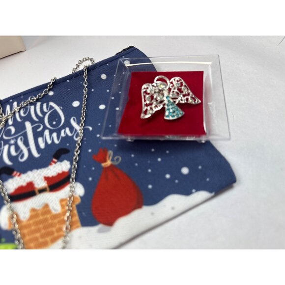 Angel-Themed Christmas Jewelry Gift Set: Blue Gem Necklace Angel Pin & Brooch Fe - Picture 3 of 6